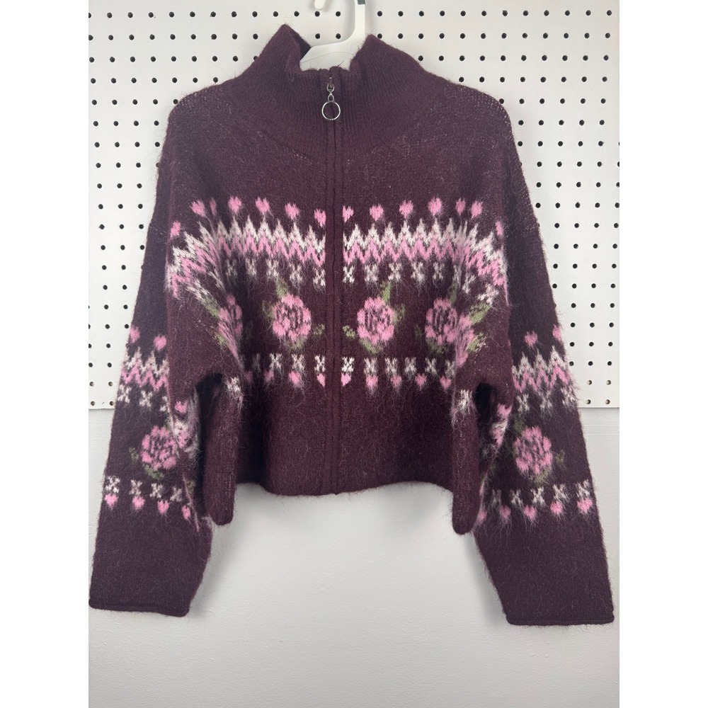 Wild Fable Burgundy Floral Fair Isle Quarter Zip Cropped Sweater NWT Size M